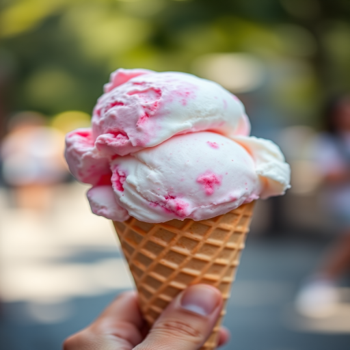 A close-up shot of a hand holding a double scoop ice cream cone with pink and white flavors, bright colors, soft focus background, natural lighting, f/2.8 aperture, 50mm lens, ISO 100, DSLR camera, high resolution.