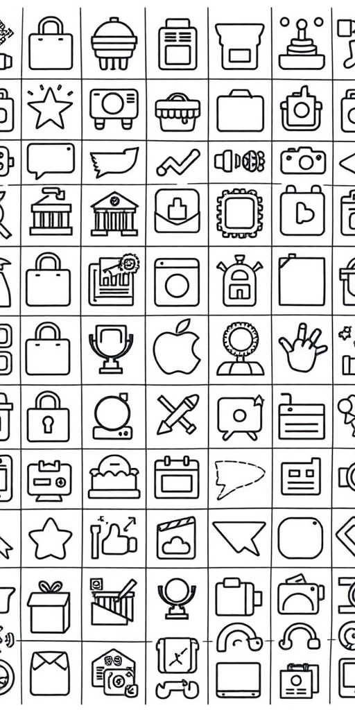 Create a high-resolution image of various doodle-style icons representing shopping, awards, and communication elements arranged in a grid pattern, shot with a Canon EOS R5 at f/4, ISO 100, 24mm focal length, using natural lighting for enhanced clarity and detail.