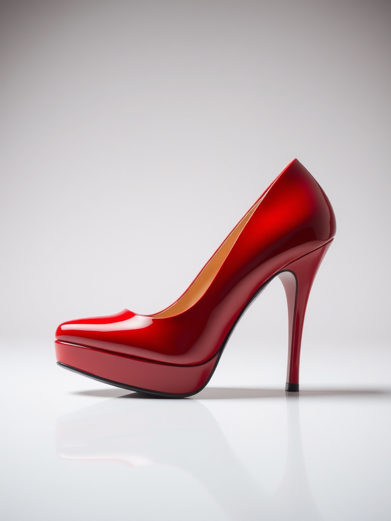 Create a high-resolution image of a sleek red high heel shoe with glossy lighting, taken with a DSLR camera at f/2.8 aperture, 50mm lens, and a shallow depth of field, from a slightly elevated side view to showcase the shoe's curves and shine.