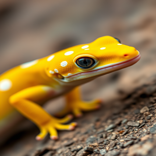regenerate a vibrant yellow gecko with white spots, capturing it from a close-up perspective using a DSLR camera, 35mm lens, f/2.8 aperture, ISO 100, and natural lighting for enhanced detail and sharpness