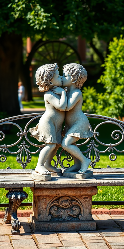 Create a high-resolution image of a stone sculpture of two children kissing while sitting on an ornate bench, using a DSLR camera with a 50mm lens, aperture set to f/2.8, ISO 100, at a slightly elevated angle to enhance depth and detail in natural lighting.