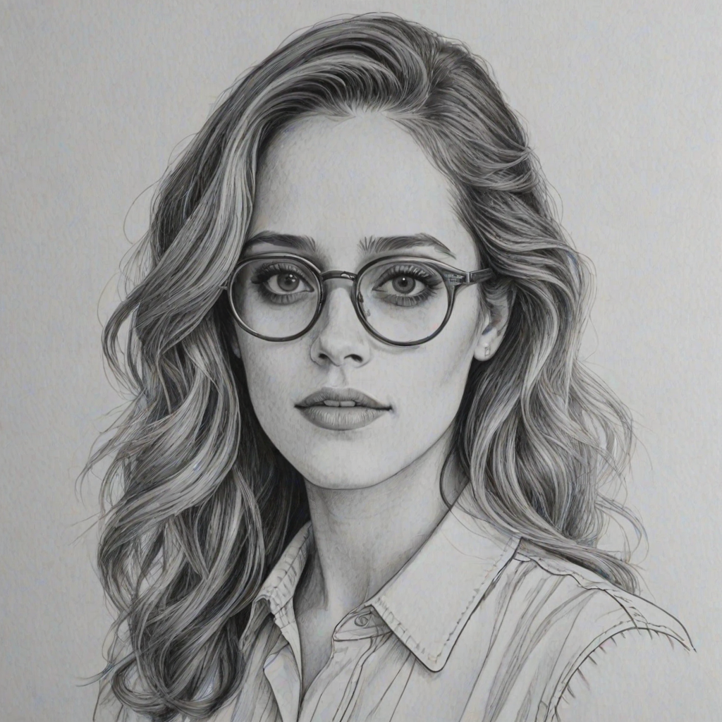 Captivating Carly Chaikin, pencil sketch, portrait of Charming woman 1978s in glasses, hair style beatnik, outline, clear lines, fine lines, 8k