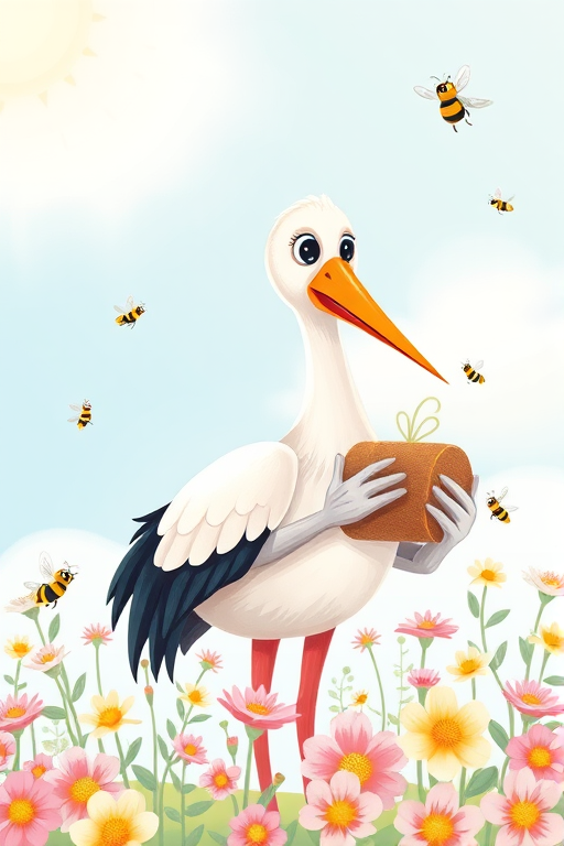 Create a whimsical illustration of a stork holding a bundle, surrounded by pastel flowers and bees, set against a soft blue cloud and a bright sunny background, captured with a Canon EOS 5D Mark IV using a 50mm lens at f/2.8, ISO 100, and a shallow depth of field to enhance detail and softness in the colors.