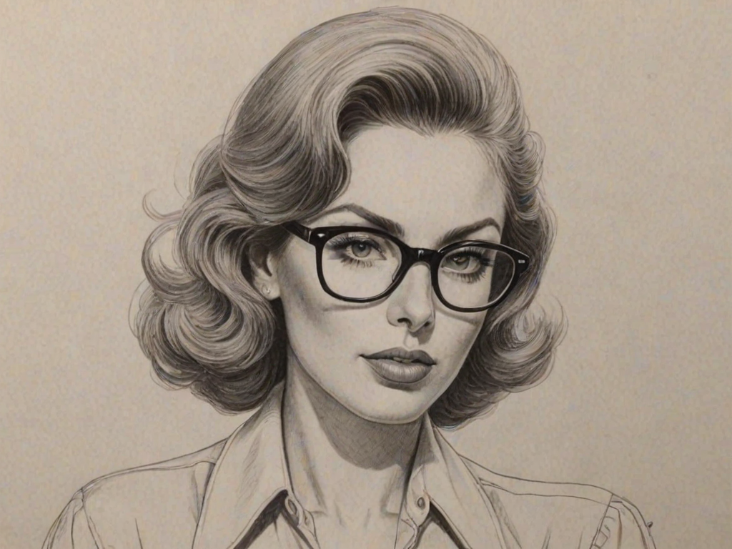 Superb Tina Louise, pencil sketch, portrait of Comely woman 1942s in glasses, hair style beatnik, outline, clear lines, fine lines, 8k