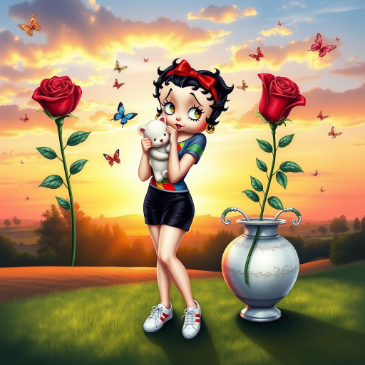 Luxury 3D HD realistic watercolor oil painting. Betty Boop with black hair in two messy buns. Red headband with big bow. He wears black shorts with a colorful t-shirt. White sneakers. She is standing hugging winnie the pooth next to a large vase with a tall red rose, There are trees and butterflies flying. The land with a beautiful lawn. Full body. Background of a sunset