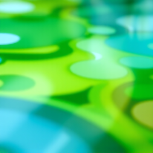 Create an abstract art image featuring vibrant green and blue colors with smooth gradients and reflections on water, captured with a DSLR camera at f/8 aperture, ISO 100, shutter speed 1/125s, in a wide-angle view with a shallow depth of field to enhance the colors and details.