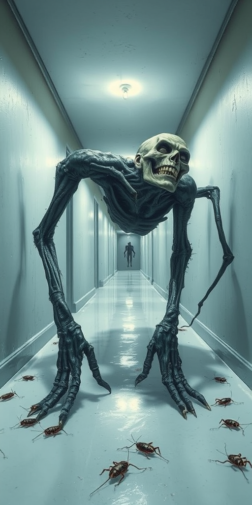 a crooked male with long arms and a creepy smile is crawling along a long white corridor and you can also see cockroaches in it there is a creepy atmosphere creepy art style