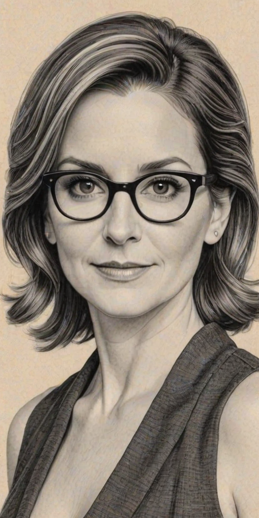 Radiant Tina Fey, pencil sketch, portrait of Ravishing woman 1931s in glasses, hair style beatnik, outline, clear lines, fine lines, 8k