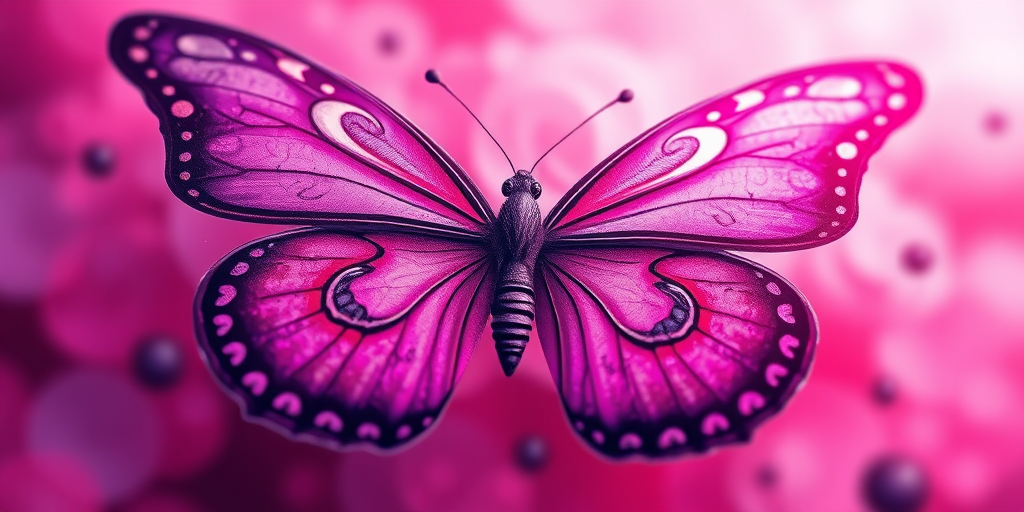 Create a vibrant butterfly illustration with intricate spiral patterns, using a high-resolution digital art style, viewed from a slight angle for depth, with a soft focus camera effect, and a color palette of pink and purple.
