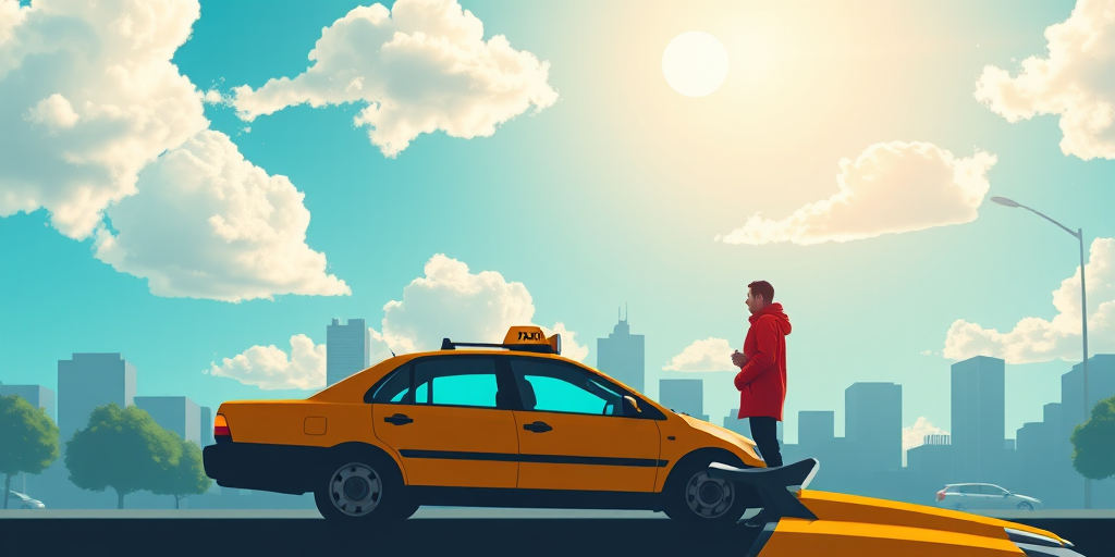 Create an illustration of a taxi in a vibrant city setting with a clear blue sky, fluffy white clouds, and a bright sun, featuring a silhouette of a person in a red jacket standing by the taxi, using a wide-angle lens at f/8, ISO 100, and a shutter speed of 1/250s for enhanced clarity and depth.