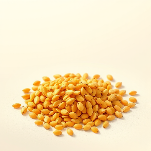 create a detailed illustration of a pile of golden seeds on a smooth surface with soft lighting, use a DSLR camera settings of f/2.8 aperture, 50mm lens, ISO 100, and a shallow depth of field for enhanced focus, shot from a slightly elevated angle to add dimension and texture.