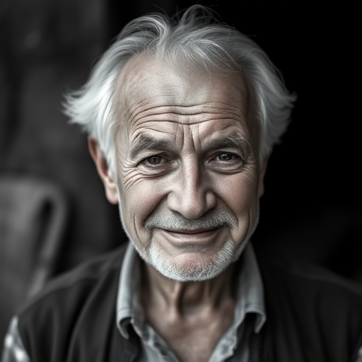 portrait of an elderly man with white hair and a subtle smile, natural lighting, shallow depth of field, taken with a Canon EOS 5D Mark IV, 50mm lens at f/1.8, ISO 100, 1/200s, black and white composition, clear background blur for focus on subject