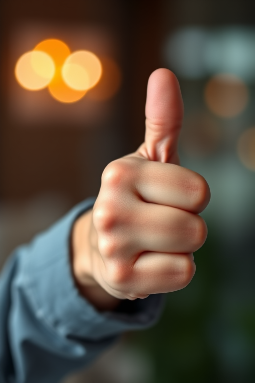 A close-up image of a hand giving a thumbs up, captured with a Canon EOS R5, 50mm lens, f/1.8 aperture, ISO 100, 1/200s shutter speed, bright lighting, slight bokeh effect for a professional look.