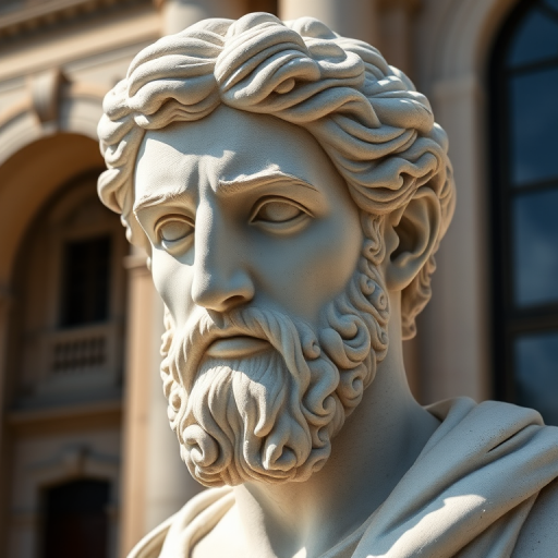 Create a highly detailed and realistic sculpture of a classical figure with a focus on the facial features and textures, shot with a Canon EOS R5 at f/1.8, 50mm lens, in natural sunlight for soft shadows, with a shallow depth of field to highlight the subject against a blurred architectural background.