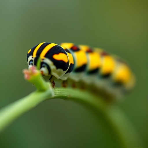 macro photograph of a vibrant striped caterpillar on a green plant stem, shallow depth of field, natural light, f/2.8 aperture, ISO 200, 100mm macro lens, captured from eye level for detailed texture and color contrast.