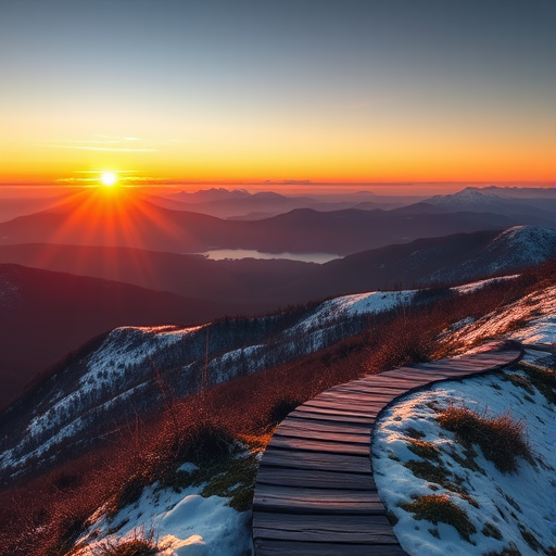 mountain landscape at sunset with snow-covered hills and a winding wooden path, shot with a Canon EOS R5, 24mm lens, aperture f/8, ISO 100, shutter speed 1/200 sec, taken from a high vantage point for a panoramic view