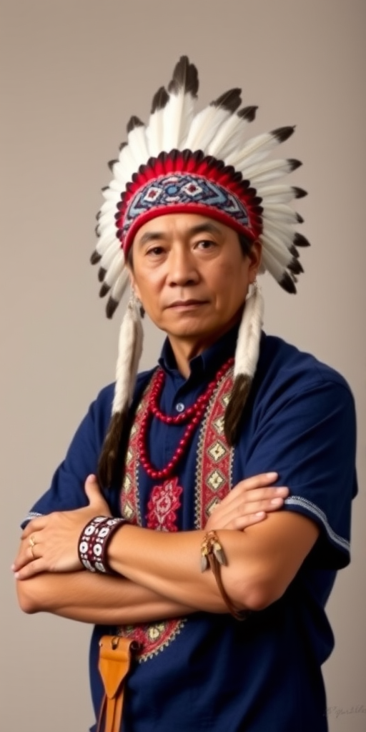 Create a dignified portrait of a Native American man dressed in traditional attire. He wears a beautifully crafted headdress adorned with white feathers and red beads, along with a beaded headband featuring intricate patterns. His clothing includes a deep blue, patterned shirt and a traditional chest piece with detailed beadwork. His arms are crossed, displaying leather armbands decorated with feathers. The background is simple and neutral, emphasizing his proud and stoic expression. The overall image captures the rich cultural heritage and strength of his persona.