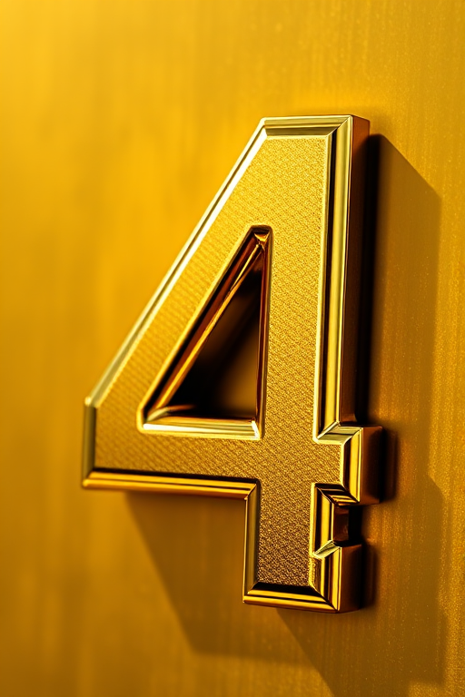Create a high-resolution image of the number 4 in a shiny gold metallic finish, using a Canon EOS R5 camera with a 50mm lens, aperture set to f/1.8, ISO 100, and natural lighting to enhance reflections and textures.