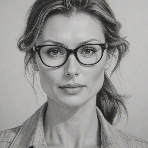 Lovely Bridget Moynahan, pencil sketch, portrait of Elegant woman 1973s in glasses, hair style beatnik, outline, clear lines, fine lines, 8k