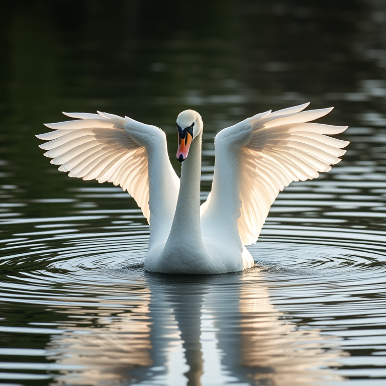 Capture a high-quality image of a graceful white swan spreading its wings on calm water, using a Canon EOS R5 with a 85mm f/1.2 lens, ISO 200, aperture f/4, shutter speed 1/1000s, natural light in a serene environment with a shallow depth of field to emphasize the swan.