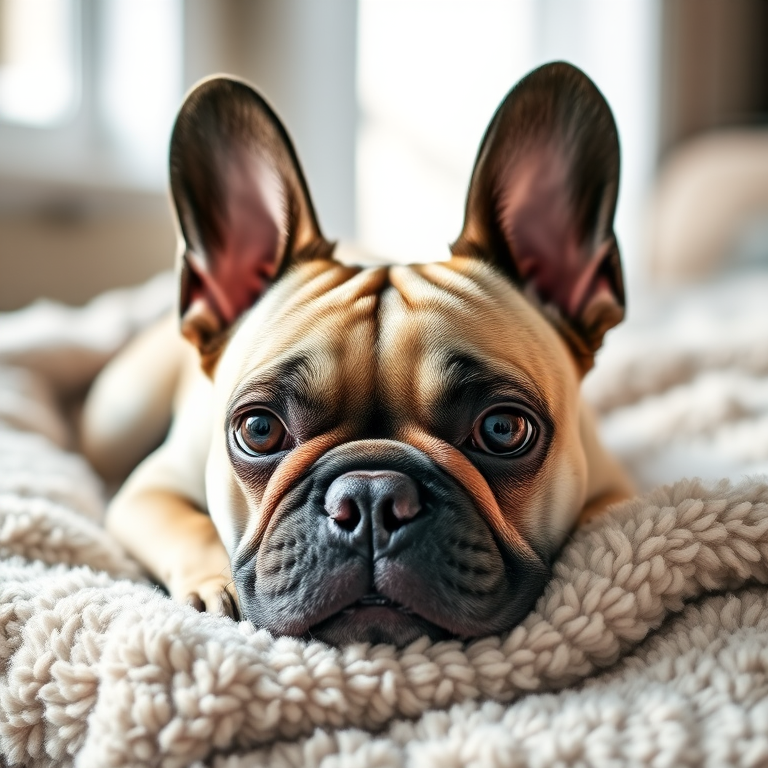 French Bulldog lying on a fluffy blanket, soft natural light, 50mm lens, f/1.8 aperture, ISO 200, shallow depth of field, DSLR camera, portrait view.