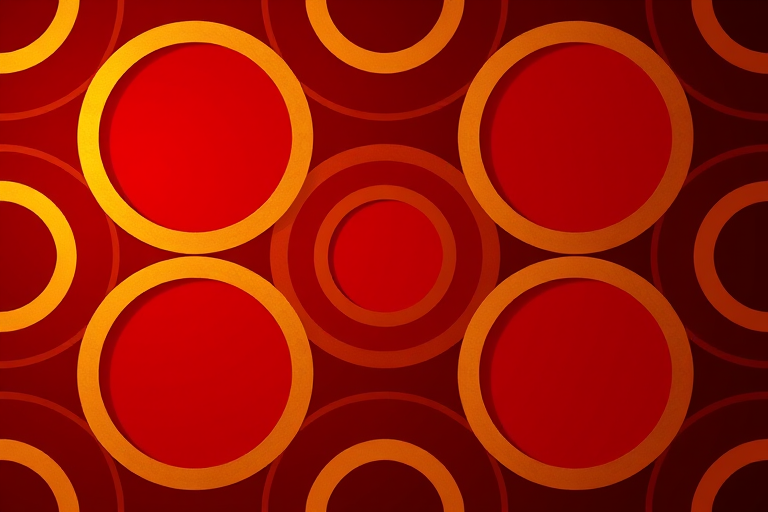Create a seamless geometric pattern featuring interlocking circles in shades of red and gold with a smooth gradient transitioning from deep black to bright red, captured using a DSLR camera at f/8, ISO 100, 50mm lens, top-down view, high-resolution style.