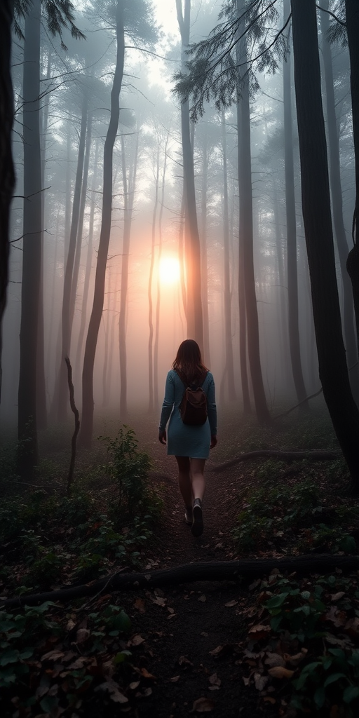 Misty forest at dawn, the sun barely peeking through the dense trees, a woman walks along a narrow path, her boots crunching softly on the leaves as she breathes in the fresh, crisp air.