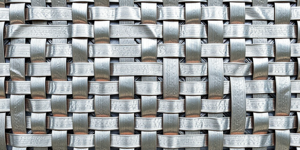 Create a high-resolution image of a woven metallic pattern with varying shades of silver, shot with a DSLR camera, 50mm lens, f/2.8 aperture, ISO 100, and a soft diffused lighting setup from above.