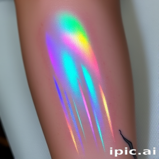 Holographic tattoo named "Prismatic Illusion" showcasing iridescent colors and shimmering effects that appear to change and shift with movement and lighting