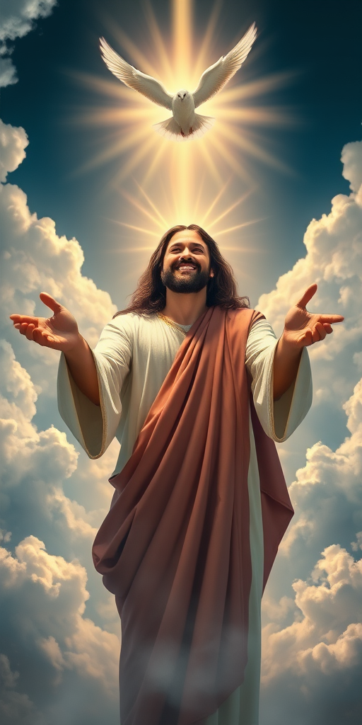 Create a highly detailed digital painting of a radiant figure representing Jesus, smiling warmly with outstretched hands towards a dove in a bright heavenly light, surrounded by dramatic clouds, captured with a Canon EOS 5D Mark IV at f/2.8, ISO 100, 50mm lens, in a soft focus style for an ethereal effect.