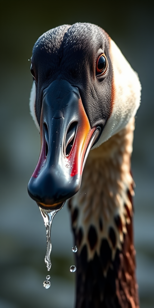 Capture a close-up of a Canada goose with water dripping from its beak, sharp focus, natural light, f/4 aperture, 1/500s shutter speed, ISO 200, use a Canon 5D Mark IV, 85mm lens, and a low angle to highlight the water splashes.