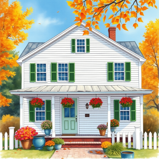a white farmhouse with green shutters, vintage feel, blue sky, trees in autumn color, leaves slightly blowing in the breeze, colorful autumn flowers in pots on the front porch of the farmhouse, watercolor