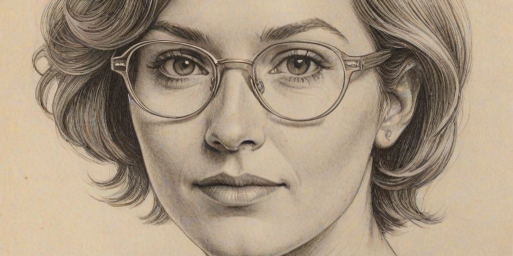 Charming Martha MacIsaac, pencil sketch, portrait of Wonderful woman 1974s in glasses, hair style beatnik, outline, clear lines, fine lines, 8k