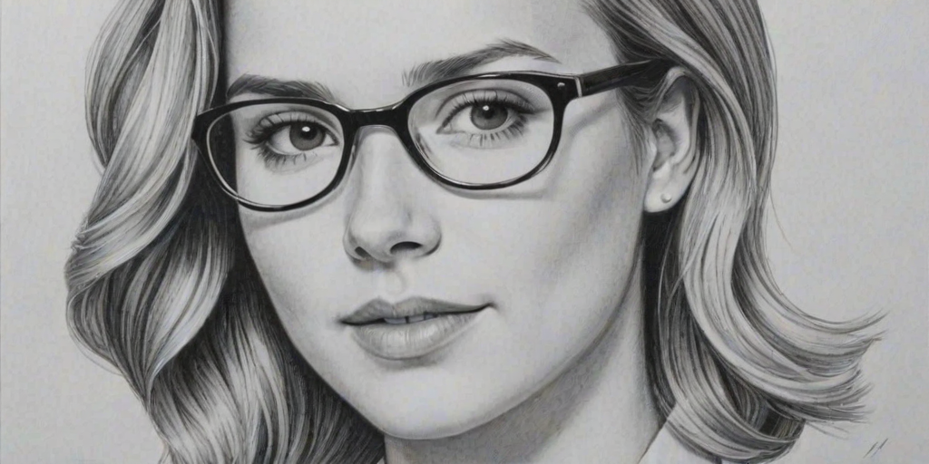 Appealing Bridgit Mendler, pencil sketch, portrait of Delightful woman 1939s in glasses, hair style beatnik, outline, clear lines, fine lines, 8k
