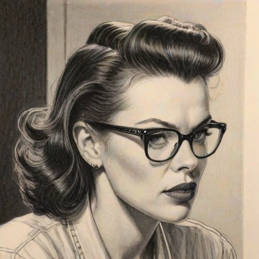 Enticing Debi Mazar, pencil sketch, portrait of Bewitching woman 1942s in glasses, hair style beatnik, outline, clear lines, fine lines, 8k