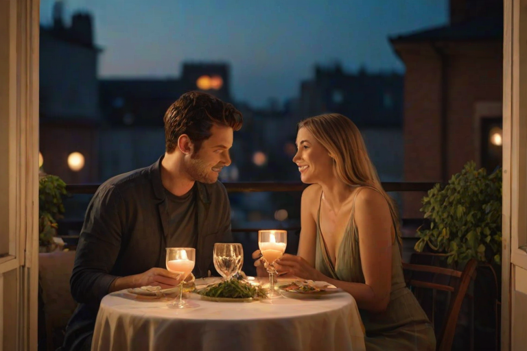 Warm, intimate image of a couple sharing a quiet dinner on a candlelit balcony, soft glow from the candles casting warm shadows on their faces, distant city lights twinkling below, and the smell of fresh herbs and grilled food in the air.
