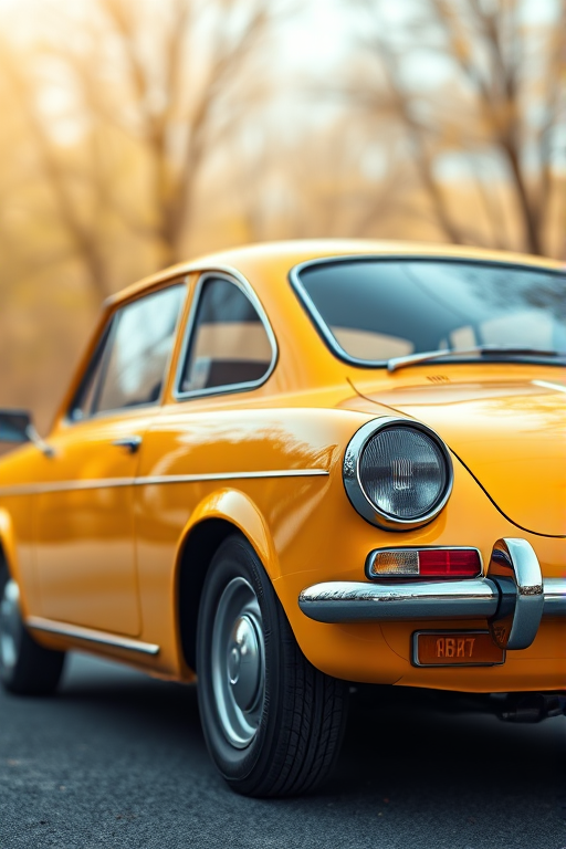 generate a highly detailed and vibrant illustration of a classic yellow car, set in a soft, dreamy environment with blurred trees in the background, using a Canon EOS R6 camera with a 50mm f/1.8 lens, aperture set to f/2.8, ISO 100, and a shallow depth of field to enhance the focus on the car while softly blurring the background.