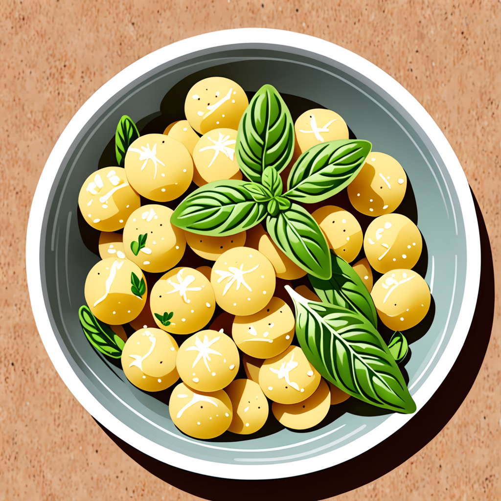 an anime style illustration of a bowl of gnocchi with a few basil ...