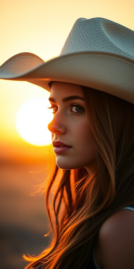 portrait of a young woman in a cowboy hat against a sunset background, sharp focus, aperture f/1.8, ISO 100, 50mm lens, soft lighting, DSLR camera