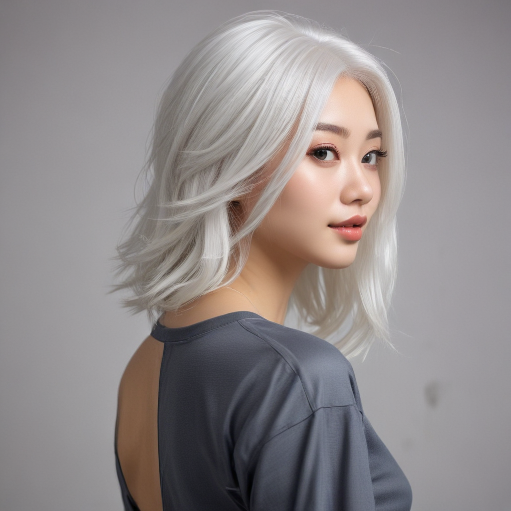 slim realistic asian girl, white hair,  view back