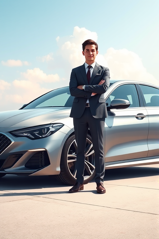 Create a high-resolution digital illustration of a young businessman in a suit standing confidently beside a sleek silver car, the background features a clear sky with soft clouds, use a 50mm lens with f/2.8 aperture, shot from a low angle to emphasize the subject, utilizing a digital illustration style for vibrant colors and sharp details.