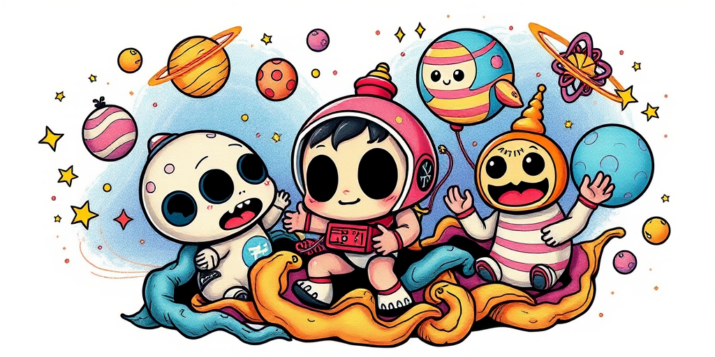 New school tattoo style called "Cartoon Cosmos" with exaggerated proportions and bright colors depicting whimsical space-themed characters and celestial objects