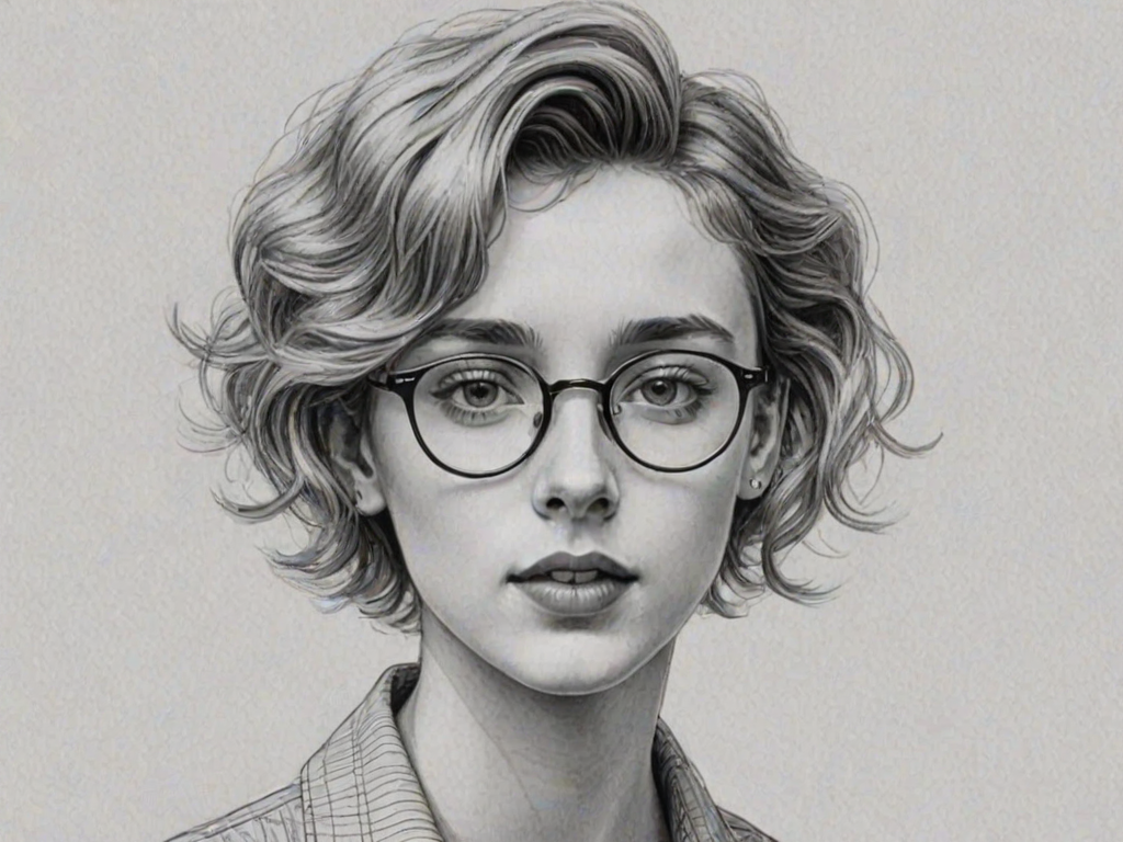 Fascinating Troye Sivan, pencil sketch, portrait of Pleasing woman 1930s in glasses, hair style beatnik, outline, clear lines, fine lines, 8k