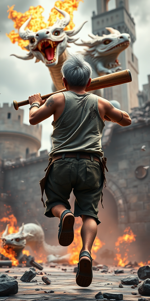 Cartoon 3D High-Resolution,dynamic battle scene using Unreal Engine 5 and Octane Render. The scene features back of an elderly, thai man with a beard,messy hair and round golden-rimmed glasses. He is wearing a tattered tank top with soot marks, shorts, and sandals. sweating. he wields a baseball bat. He jump to fight with a white fire-breathing Europe dragon amidst a partially destroyed stone castle. Include intense flames, smoke, and debris to enhance the dramatic effect.