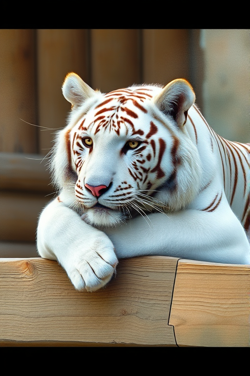 Create a highly detailed digital illustration of a white tiger resting on a wooden ledge with a soft watercolor background, using a Canon EOS R5 with a 50mm f/1.2 lens, set at ISO 100, aperture f/2.8, shutter speed 1/200 sec, in a portrait orientation to enhance the depth of field and vibrancy of colors.