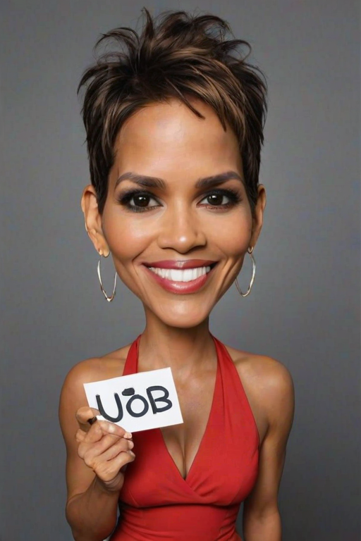 caricature of a smiling Halle Berry in a Scarlet dress or suit, holding up a sign that says "NEED A JOB", no watermark,