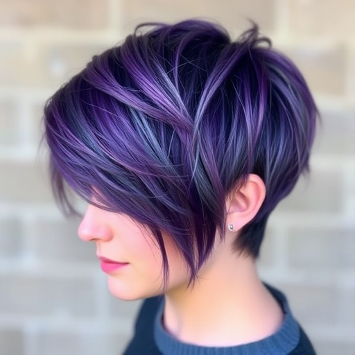 Deep violet hair with silver highlights in a textured pixie cut, Amethyst Starlight style, combining edgy short layers with a regal purple hue
