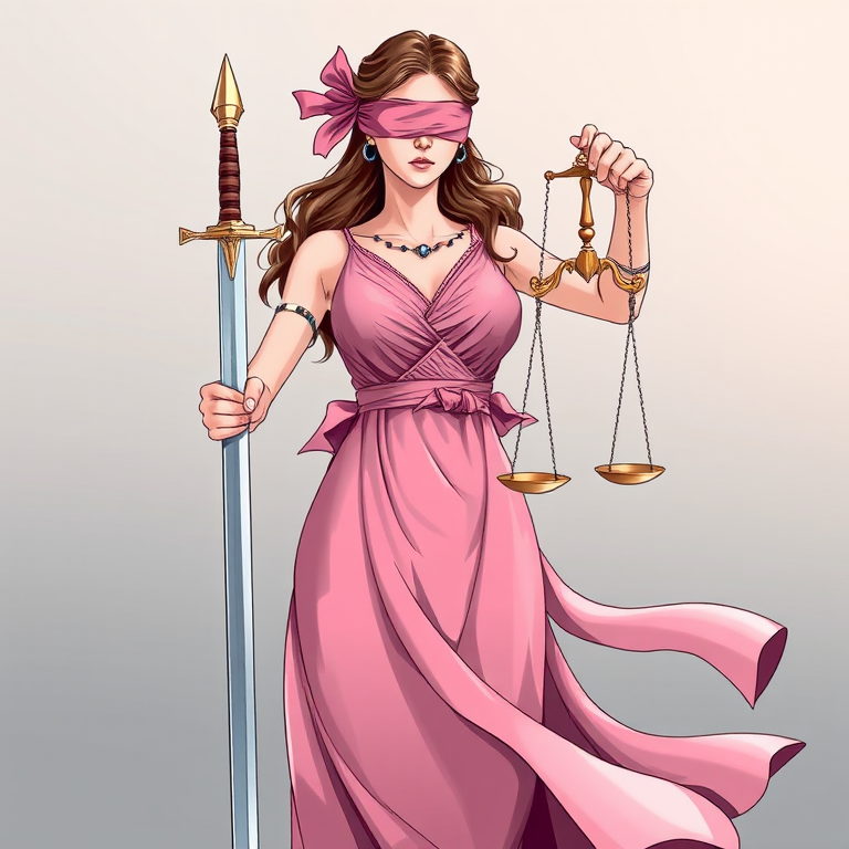 Create an illustration of a blindfolded woman holding a sword and scales of justice, wearing a flowing pink dress, captured in high resolution with a DSLR camera, 50mm lens, f/1.8 aperture, ISO 100, natural lighting, and a slight bokeh effect to enhance the image quality.