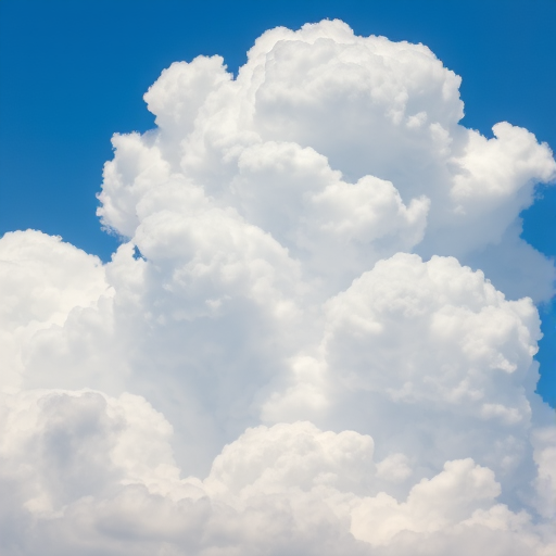 High-resolution image of a cumulus cloud formation under a bright blue sky, shot with a 50mm lens at f/8, ISO 100, 1/200 sec, using a DSLR camera from a low angle to capture details and depth in the clouds.