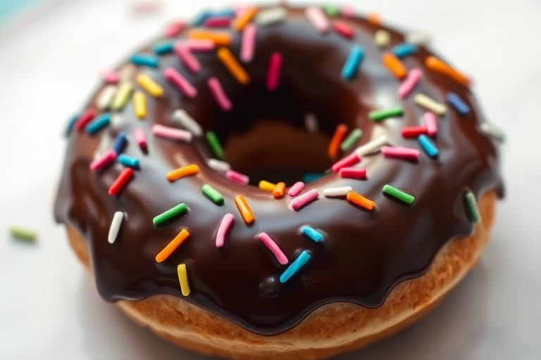 Create a hyper-realistic image of a chocolate-covered donut with colorful sprinkles, using a DSLR camera with a 50mm lens, aperture f/2.8, shutter speed 1/125s, ISO 100, in natural light, focusing on a slightly elevated angle to capture texture and detail.